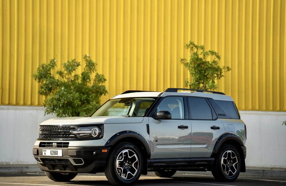 Rugged grey Ford Bronco Sport for rent in Dubai offering off-road capability modern features and a stylish design for an adventurous driving experience