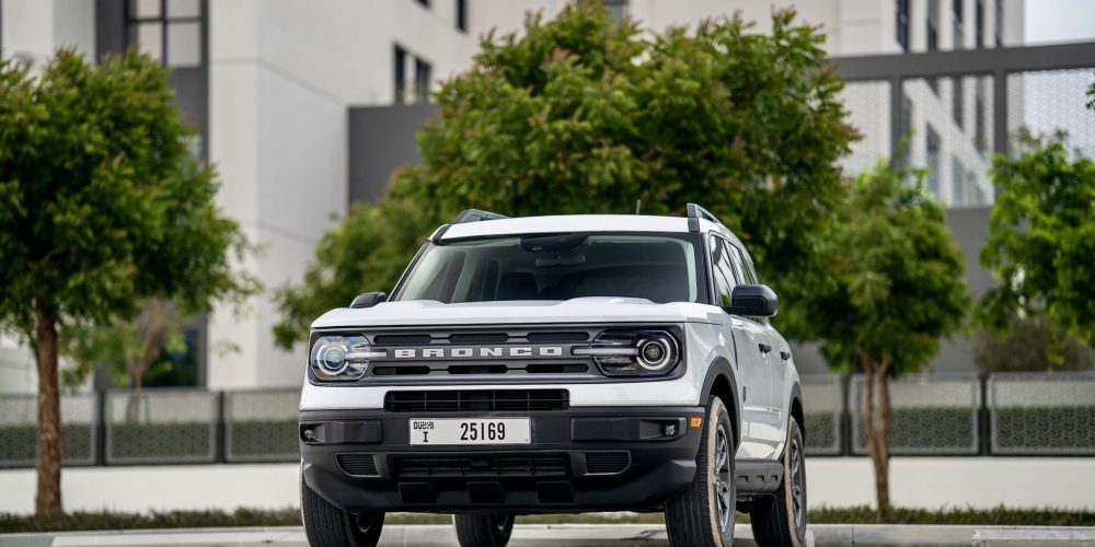 Rugged white Ford Bronco Sport for rent in Dubai offering off-road capability modern features and a stylish design for an adventurous driving experience