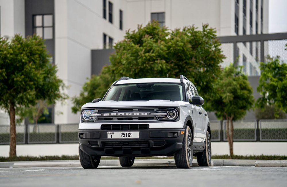 Rugged white Ford Bronco Sport for rent in Dubai offering off-road capability modern features and a stylish design for an adventurous driving experience