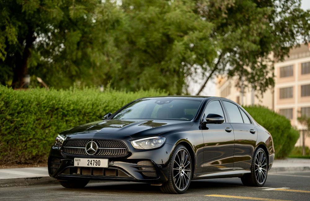 Elegant black Mercedes E300 for rent in Dubai offering a perfect blend of luxury advanced technology and smooth performance for a premium driving experience