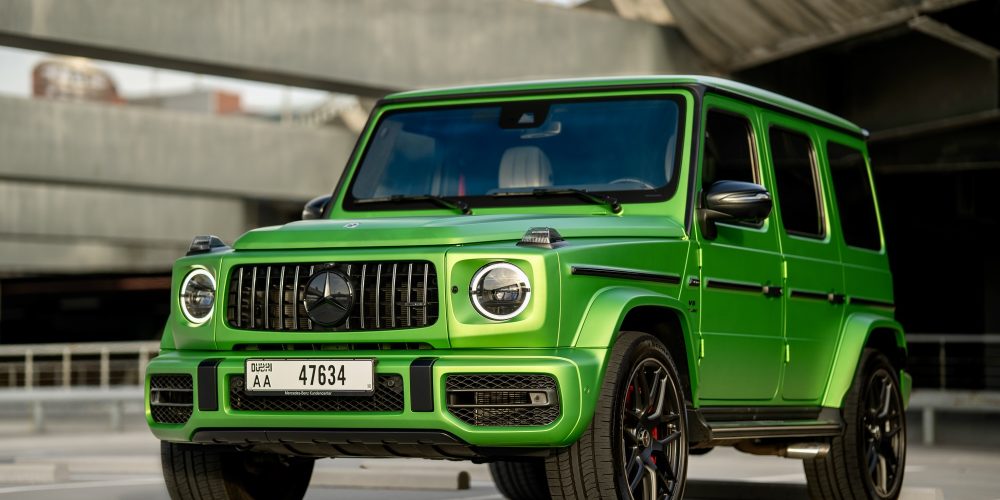 Exclusive green Mercedes G63 AMG 2023 for rent in Dubai offering powerful performance luxurious comfort and iconic design for an elite driving experience