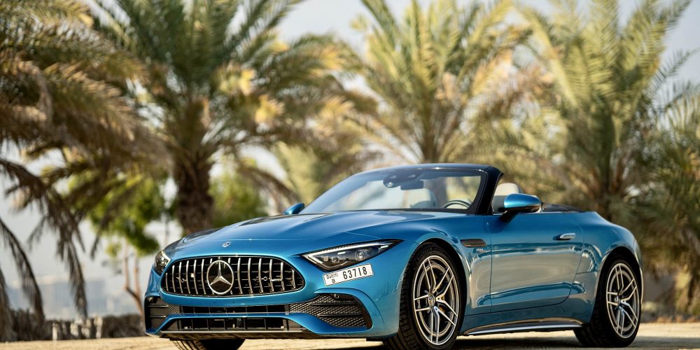 Elegant blue Mercedes SL 43 for rent in Dubai offering a luxurious open-top driving experience with advanced technology sleek design and dynamic performance