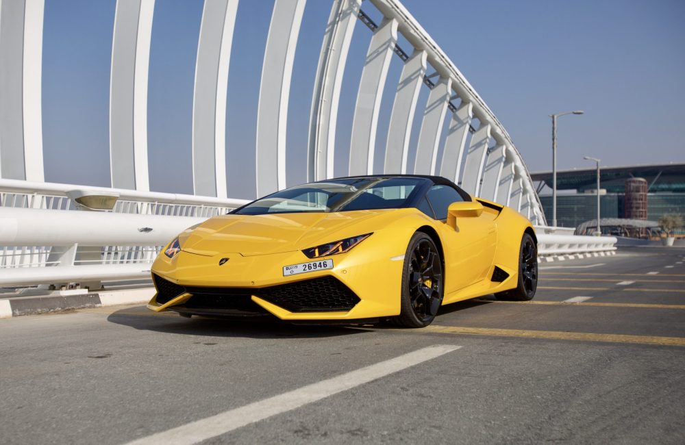 Iconic yellow Lamborghini Huracan Spyder 2021 for rent in Dubai offering a luxurious open-top driving experience with unmatched style and performance