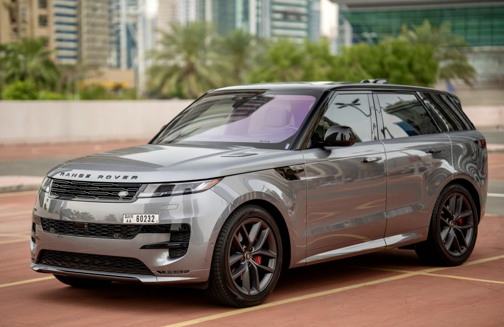 Stylish grey Range Rover Sport 2023 for rent in Dubai offering luxurious comfort advanced technology and powerful performance for an exceptional driving experience